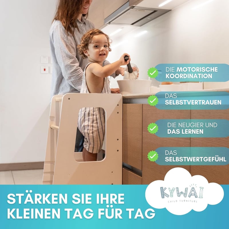 KYWAI Montessori Tanulótorony Bambuszból - 3 Magasságban Állítható, Csúszásgátló Csíkokkal, 1-6 Éves Gyerekeknek, Fehér, Stabil Fa Szerkezet