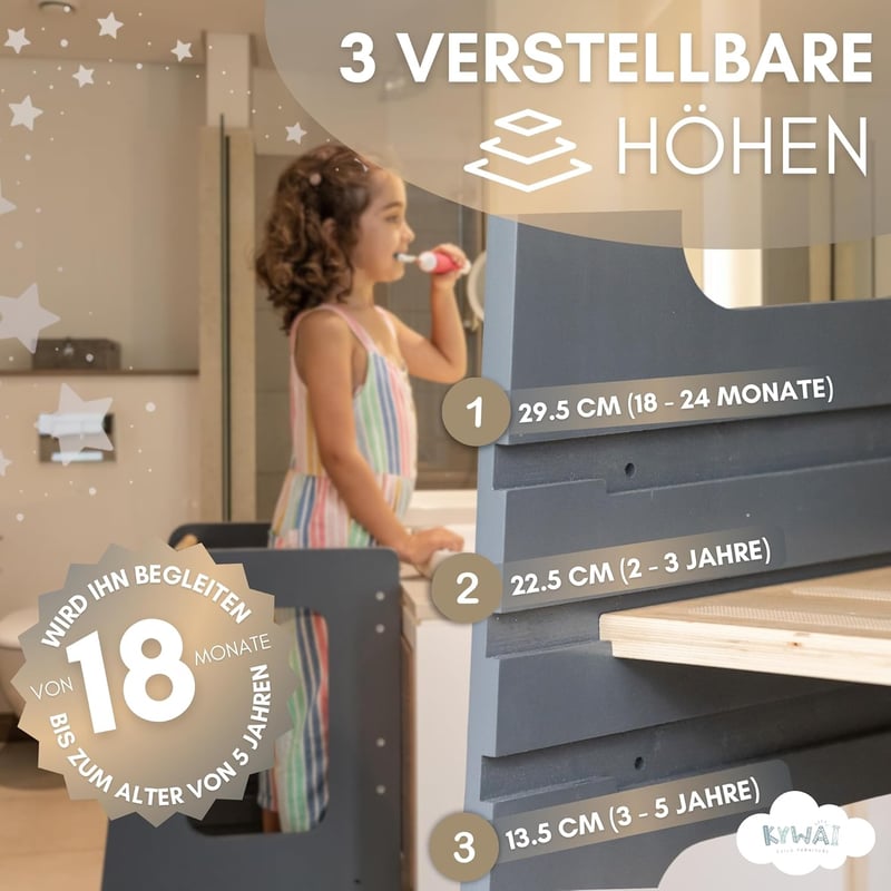 KYWAI Montessori Tanulótorony Bambuszból - 3 Magasságban Állítható, Csúszásgátló Csíkokkal, 1-6 Éves Gyerekeknek, Stabil Fa Szerkezet, Szürk