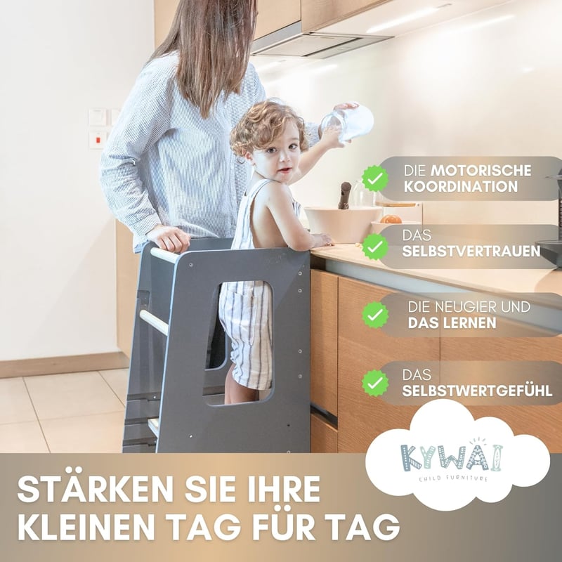 KYWAI Montessori Tanulótorony Bambuszból - 3 Magasságban Állítható, Csúszásgátló Csíkokkal, 1-6 Éves Gyerekeknek, Stabil Fa Szerkezet, Szürk