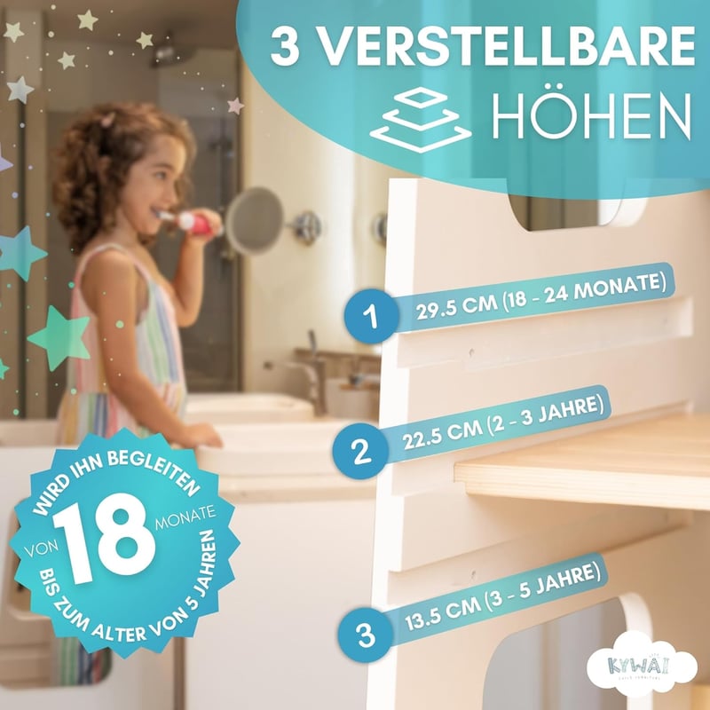 KYWAI Montessori Tanulótorony Bambuszból - 3 Magasságban Állítható, Csúszásgátló Csíkokkal, 1-6 Éves Gyerekeknek, Fehér, Stabil Fa Szerkezet