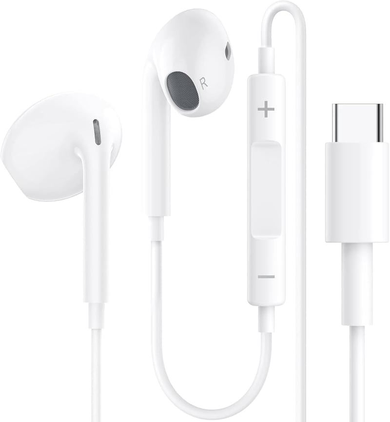 Káblové slúchadlá Kyxoovex USB-C pre iPhone 17/16/15, Hi-Fi stereo s mikrofónom a ovládaním hlasitosti, kompatibilné so Samsung S24/S23 a iPad, biele