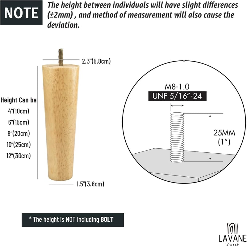 LA VANE Tömörfa Bútorlábak 4 db-os Szett - 10 cm Kúpos Cserélhető Lábak Rögzítőlemezekkel Kanapéhoz, Ágyhoz, Szekrényhez, 300 kg Teherbírás - 4" / 10cm, Clear Lacquer Conical