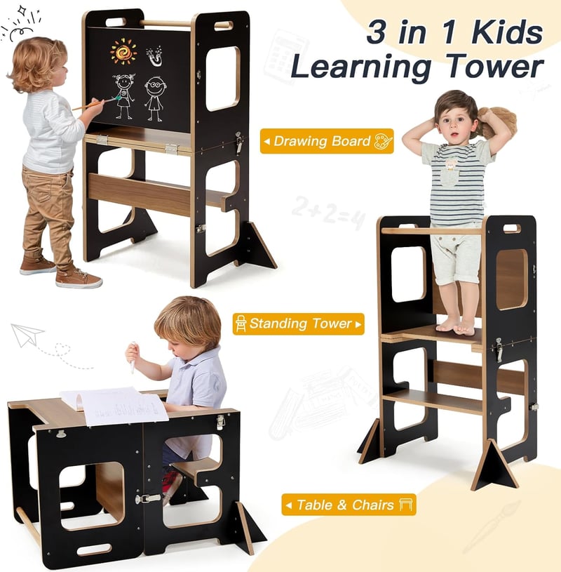 labebe 3 az 1-ben Montessori Tanulótorony Táblával - Összecsukható Fekete Fa Fellépő Gyerekeknek 1 Éves Kortól, Dönthető Védelemmel, 50 kg T
