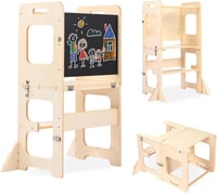 Labebe 3 az 1-ben Összecsukható Montessori Tanulótorony Gyerekeknek - Fa Konyhai Fellépő, Rajztáblás Kisszék, Többfunkciós Gyerekbútor 1 Éve 1