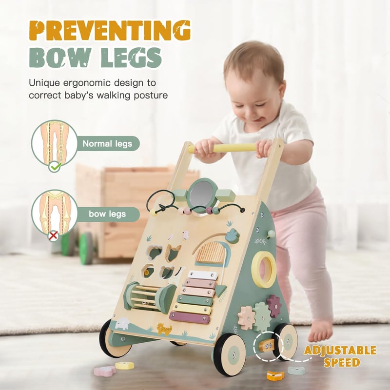 labebe 8 az 1-ben fa bébi járóka aktivitás központtal, gumírozott fa kerekekkel, zöld-bézs színben