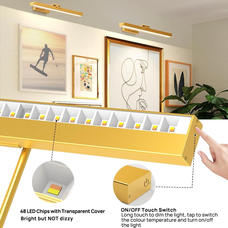 LABOREDUCER Vezeték Nélküli Képvilágítás 2db - 40cm Arany Fém Képlámpa, Távirányítóval, 3 Színhőmérséklet, Tölthető 4000mAh Akkumulátor