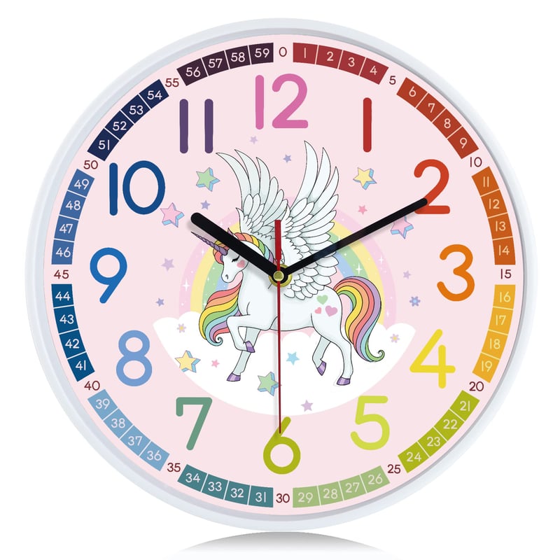 Ceas de perete pentru copii Lafocuse, silențios, cu unicorn, cifre colorate, creativ, ușor de citit, ceas educațional roz pentru fete și băieți, fără ticăit, 30 cm