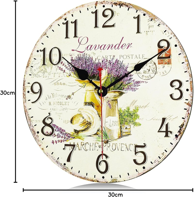 Lafocuse Levendula Mintás Vintage Falióra - Csendes Járású, Kerek Fa Óralap, 30 cm, Nappali, Konyha, Hálószoba Dekoráció, Retro Shabby Chic 