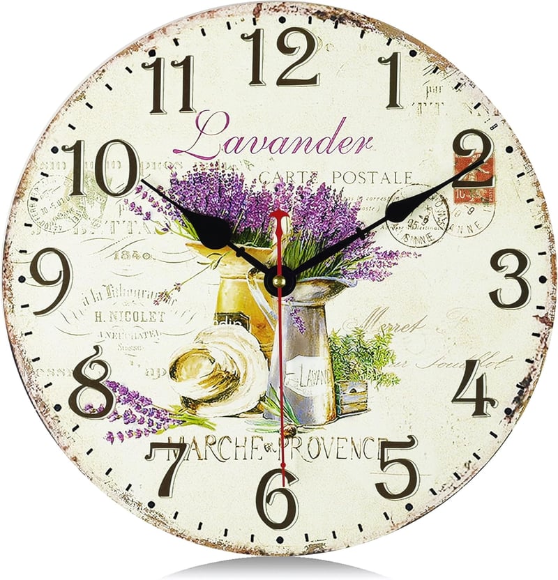 Lafocuse Levendula Mintás Vintage Falióra - Csendes Járású, Kerek Fa Óralap, 30 cm, Nappali, Konyha, Hálószoba Dekoráció, Retro Shabby Chic 