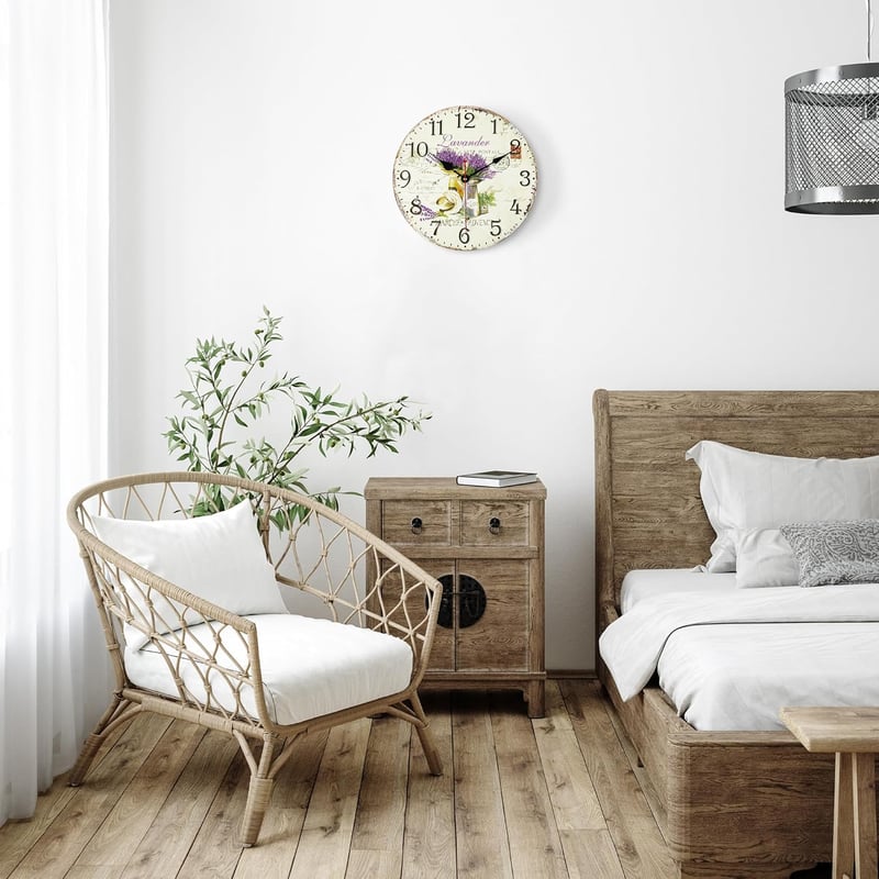 Lafocuse Levendula Mintás Vintage Falióra - Csendes Járású, Kerek Fa Óralap, 30 cm, Nappali, Konyha, Hálószoba Dekoráció, Retro Shabby Chic 