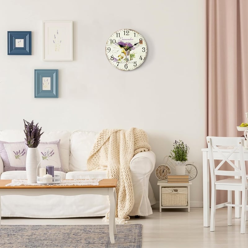 Lafocuse Levendula Mintás Vintage Falióra - Csendes Járású, Kerek Fa Óralap, 30 cm, Nappali, Konyha, Hálószoba Dekoráció, Retro Shabby Chic 