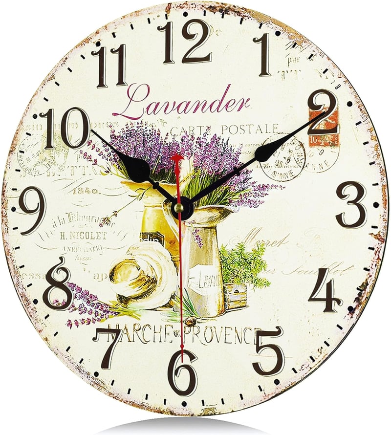 Lafocuse Levendula Mintás Vintage Falióra - Csendes Járású, Kerek Fa Óralap, 30 cm, Nappali, Konyha, Hálószoba Dekoráció, Retro Shabby Chic 