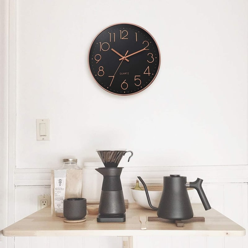 Lafocuse Modern Fekete Falióra 30 cm - Csendes Kvarcszerkezet, 3D Számok, Rózsaarany Keret, Analóg Kijelző, Nappali, Konyha, Iroda Dekoráció