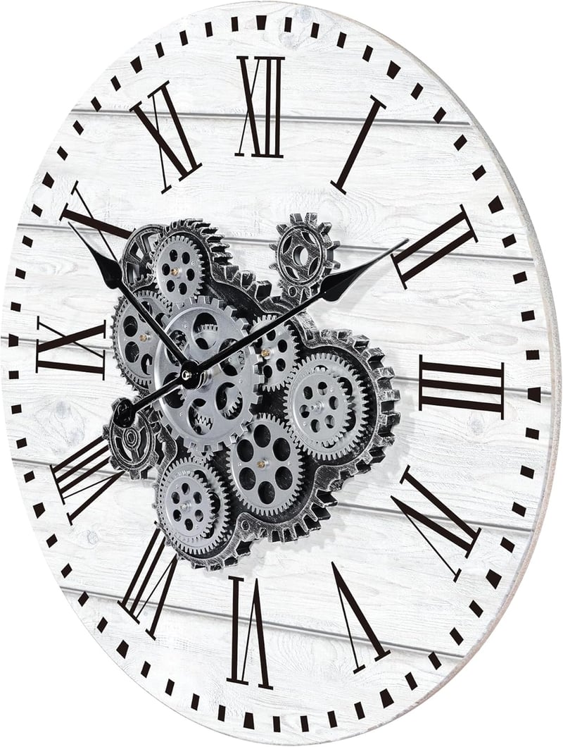 Lafocuse Nagy Fehér Falióra Mozgó Fogaskerekekkel 57 cm - Ipari Steampunk Fa Óra Vintage Dekoráció Nappaliba, Konyhába, Bárba