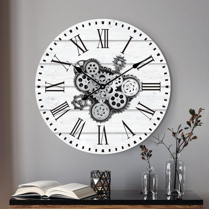 Lafocuse Nagy Fehér Falióra Mozgó Fogaskerekekkel 57 cm - Ipari Steampunk Fa Óra Vintage Dekoráció Nappaliba, Konyhába, Bárba