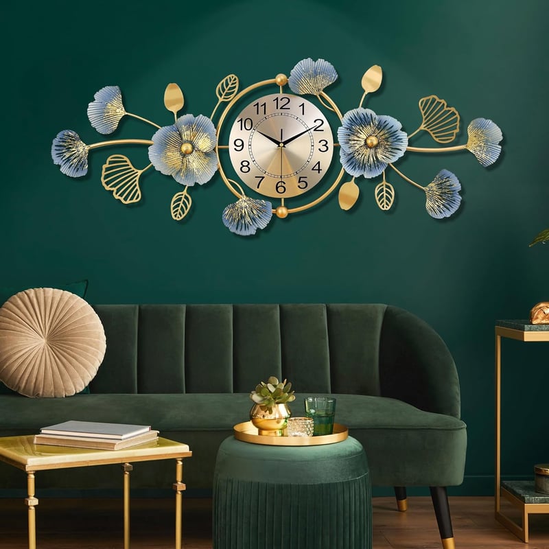 Lafocuse Nagyméretű Fali Óra Arany 95x36cm Csendes Modern Ginkgo Dekoráció
