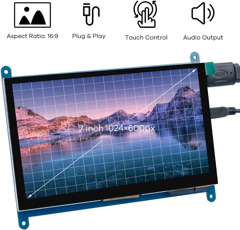 LAFVIN 7" IPS LCD Érintőképernyős Monitor 1024x600 Kapacitív Kijelző HDMI Csatlakozással Raspberry Pi, Windows 10/8/7 Rendszerekhez