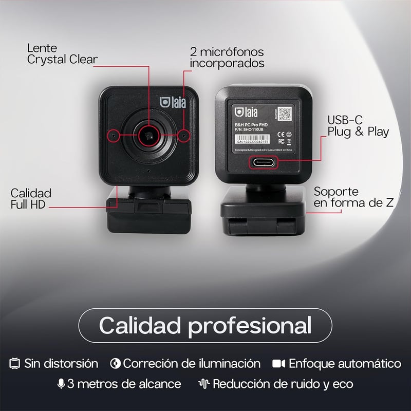 Laia PC Pro FHD Webkamera - Full HD 1080p Videókonferenciához, USB-C Csatlakozás, 30fps, Autofókusz, Minimál Dizájn, PC/Mac Kompatibilis