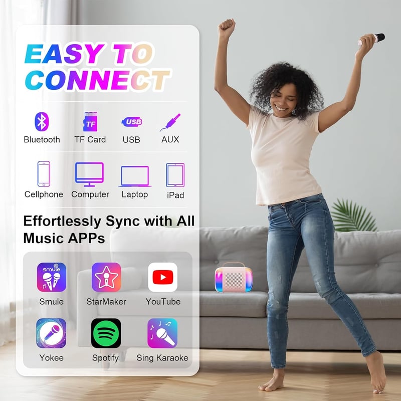 LAMA Karaoke Gép Gyerekeknek 2 Vezeték Nélküli Mikrofonnal, Bluetooth Hangszóró LED Világítással, Hordozható Karaoke Szett Rózsaszín