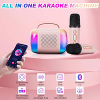 LAMA Karaoke Gép Gyerekeknek 2 Vezeték Nélküli Mikrofonnal, Bluetooth Hangszóró LED Világítással, Hordozható Karaoke Szett Rózsaszín 4
