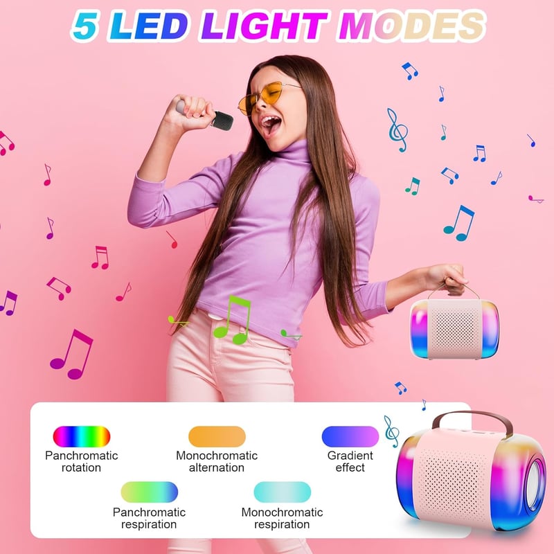 LAMA Karaoke Gép Gyerekeknek 2 Vezeték Nélküli Mikrofonnal, Bluetooth Hangszóró LED Világítással, Hordozható Karaoke Szett Rózsaszín