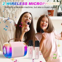 LAMA Karaoke Gép Gyerekeknek 2 Vezeték Nélküli Mikrofonnal, Bluetooth Hangszóró LED Világítással, Hordozható Karaoke Szett Rózsaszín 2