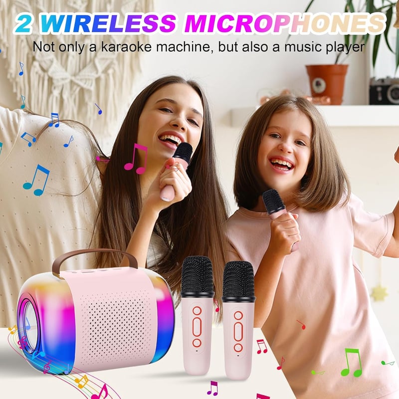 LAMA Karaoke Gép Gyerekeknek 2 Vezeték Nélküli Mikrofonnal, Bluetooth Hangszóró LED Világítással, Hordozható Karaoke Szett Rózsaszín