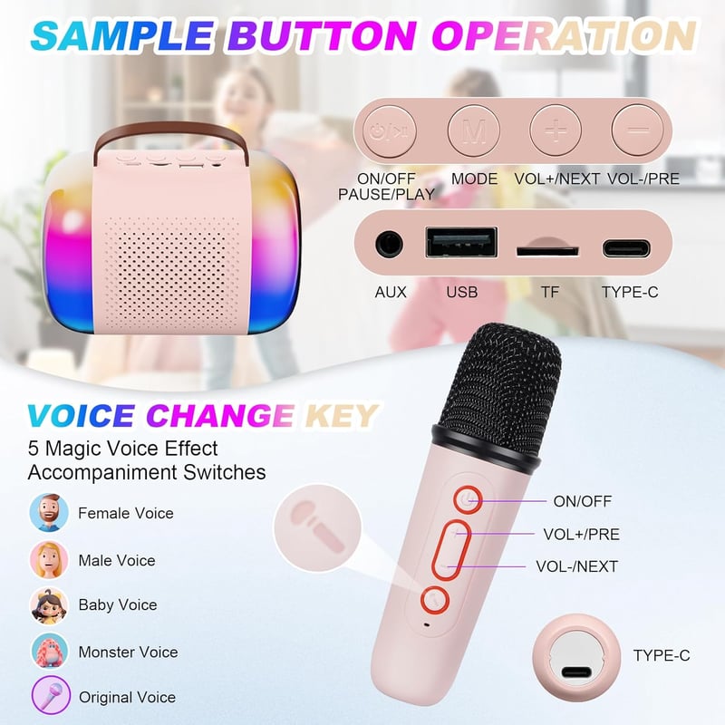 LAMA Karaoke Gép Gyerekeknek 2 Vezeték Nélküli Mikrofonnal, Bluetooth Hangszóró LED Világítással, Hordozható Karaoke Szett Rózsaszín