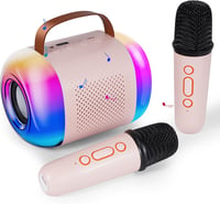 LAMA Karaoke Gép Gyerekeknek 2 Vezeték Nélküli Mikrofonnal, Bluetooth Hangszóró LED Világítással, Hordozható Karaoke Szett Rózsaszín 1