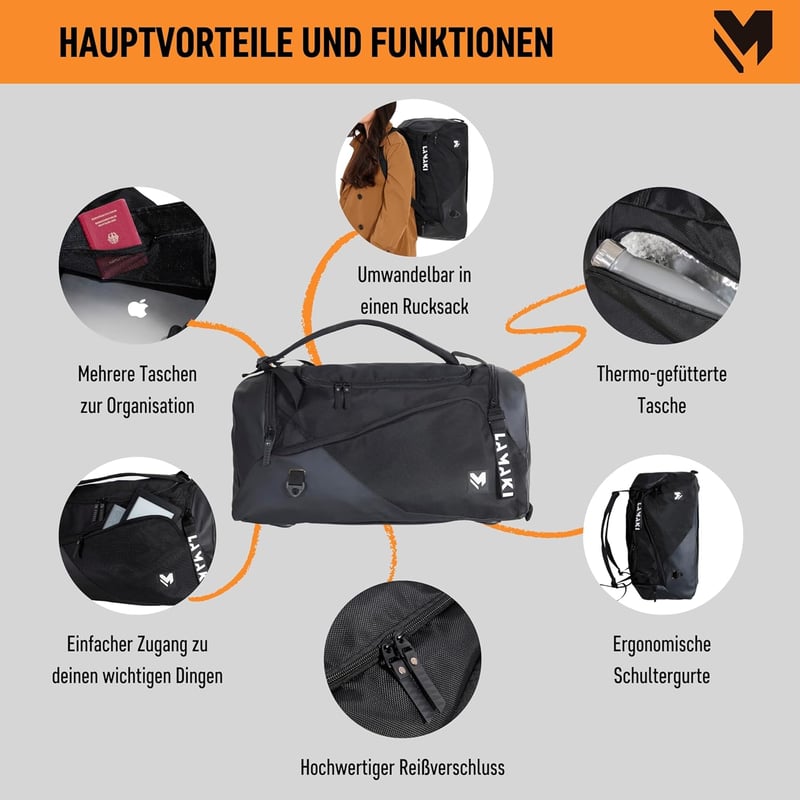 lamaki Sporttáska Hátizsák 32L - Multifunkcionális Utazótáska Kézipoggyász Méretben - Unisex Sport és Utazás Táska