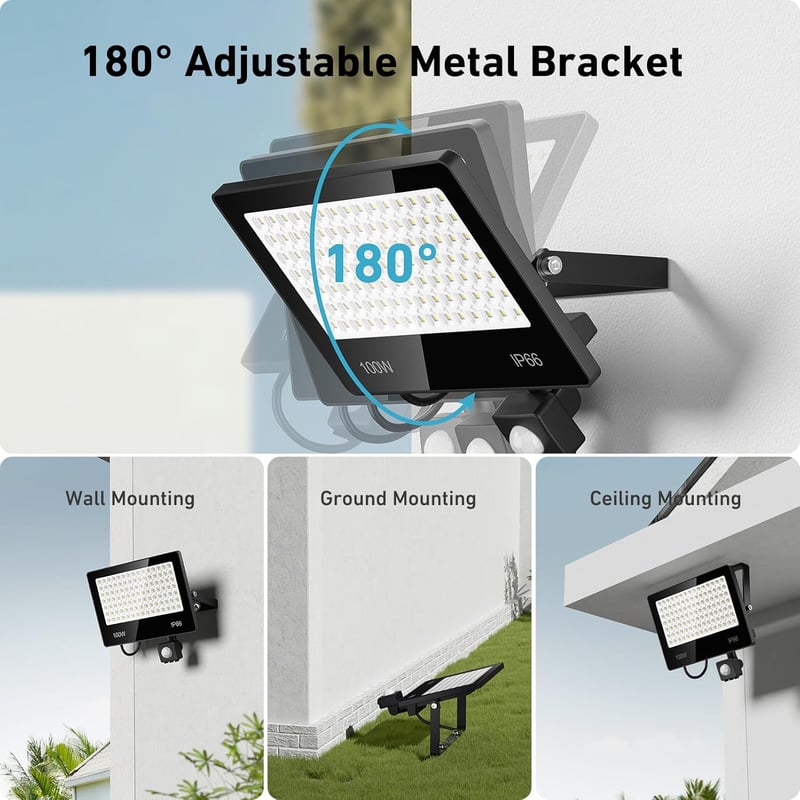 LAMLAMCK 100W LED Kültéri Reflektor Mozgásérzékelővel, 10000 Lm, IP66 Vízálló