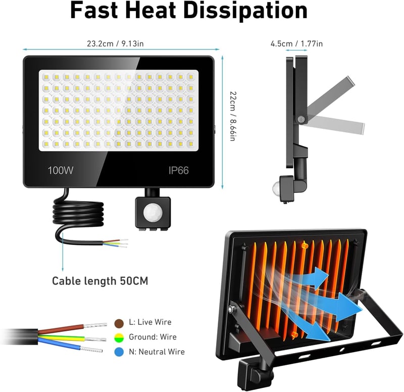 LAMLAMCK 100W LED Kültéri Reflektor Mozgásérzékelővel, 10000 Lm, IP66 Vízálló