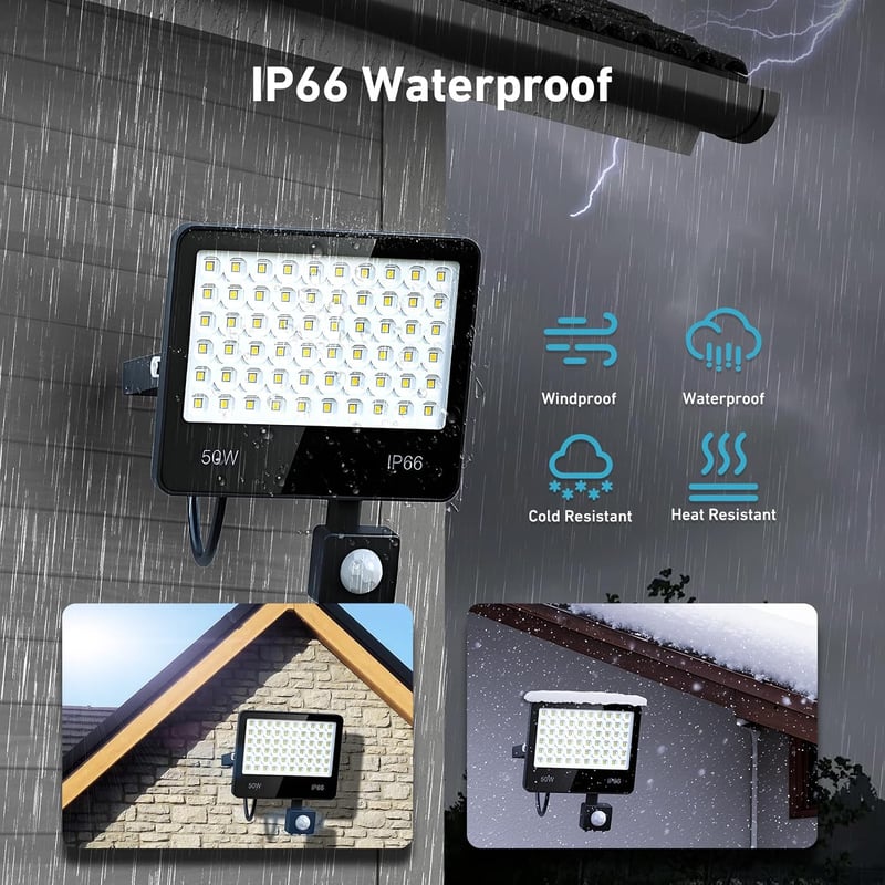 LAMLAMCK 50W LED Mozgásérzékelős Reflektor 5000LM 6500K Hideg Fehér IP66 Vízálló Kültéri Lámpa 2db