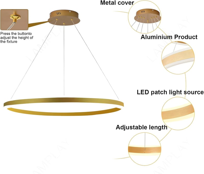 LAMPLAY Modern LED Függőlámpa 60cm Arany Gyűrű Dimmelhető Távirányítóval - 1 Ring-(60cm), Golden