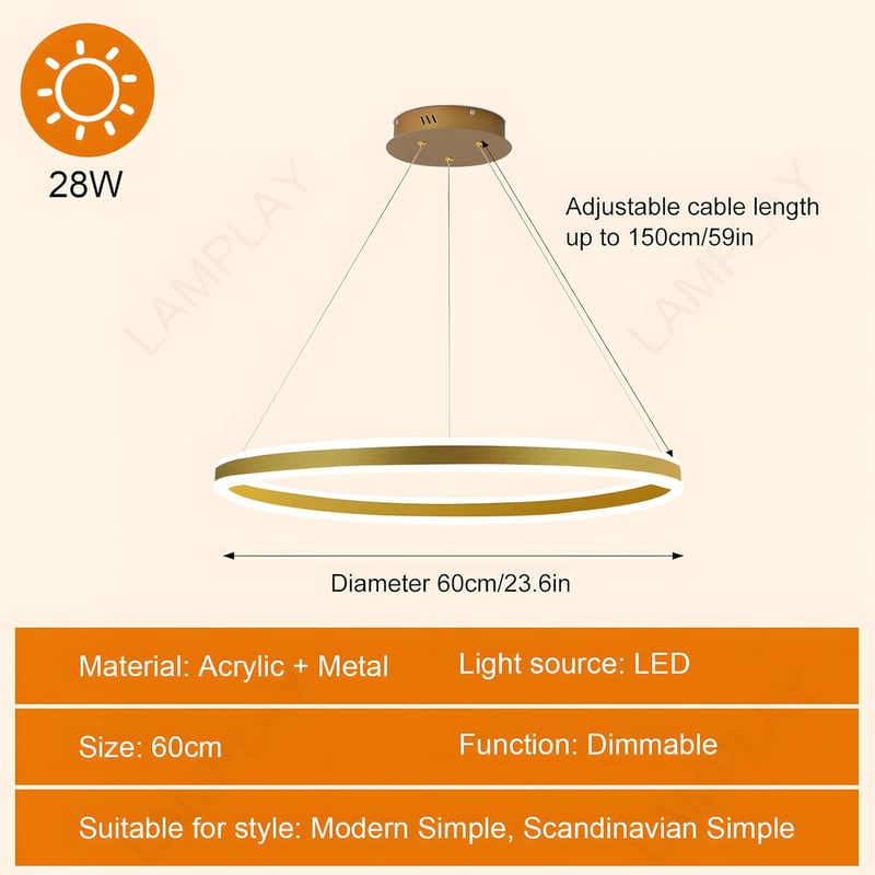 LAMPLAY Modern LED Függőlámpa 60cm Arany Gyűrű Dimmelhető Távirányítóval - 1 Ring-(60cm), Golden