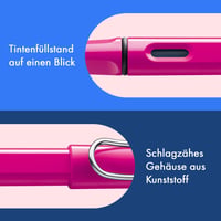 Plniace pero Lamy Safari Pink s lešteným oceľovým hrotom so šírkou stopy EF, ergonomickým úchopom a modrou atramentovou bombičkou T10 4