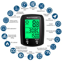 Ciclocomputer digital LANAFAY cu afișaj iluminat, vitezometru și odometru pentru bicicletă, rezistent la apă IPX6, 20 de funcții, butoane mari 5