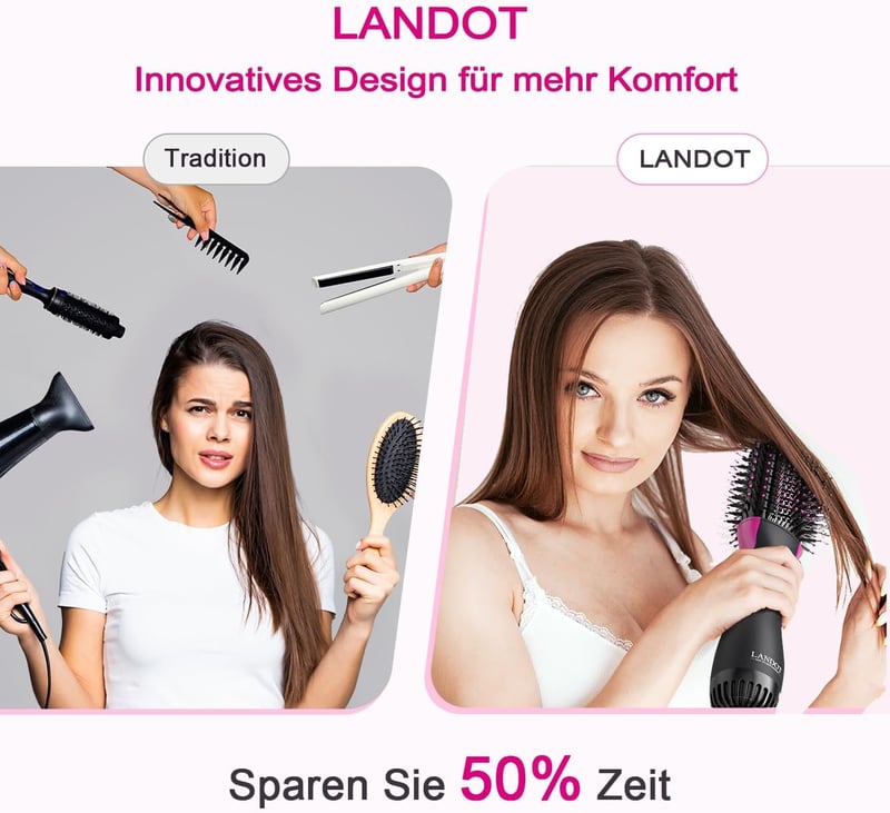 LANDOT Forró Levegős Hajkefe 2in1 Hajszárító és Volumenező Kerek Kefe - Egyetlen Lépésben Szárít és Formáz Otthoni Hajstylizáshoz