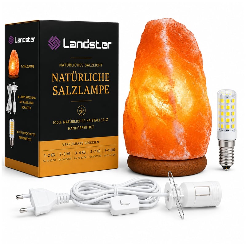 LANDSTER Soľná kryštálová lampa, prírodná ružová himalájska soľná nočná lampa, stolová lampa z pakistanskej soľnej bane, 2-3 kg