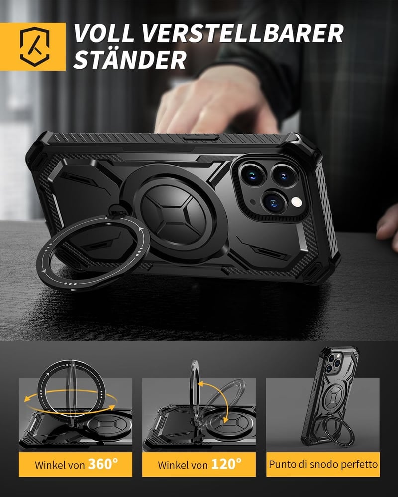 Lanhiem iPhone 11 Pro Max védőtok 360° gyűrűs tartóval és képernyővédővel, ütésálló fekete - iPhone 11 Pro Max, black