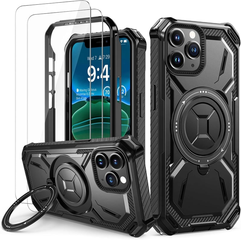 Lanhiem iPhone 11 Pro Max védőtok 360° gyűrűs tartóval és képernyővédővel, ütésálló fekete - iPhone 11 Pro Max, black