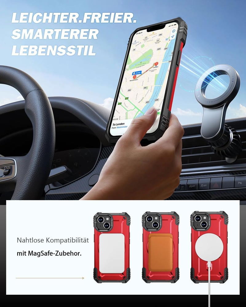 Lanhiem iPhone 13/14 Tok MagSafe Kompatibilis Ütésálló Piros Védőtok Üvegfóliával - iPhone 13 / 14, red