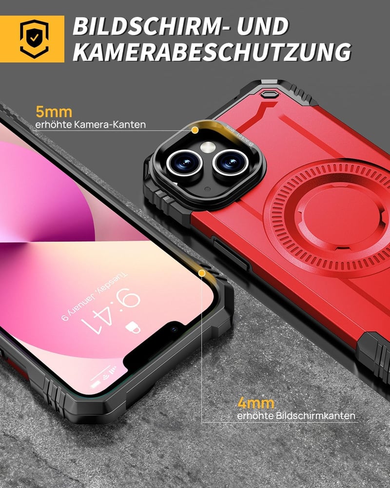 Lanhiem iPhone 13/14 Tok MagSafe Kompatibilis Ütésálló Piros Védőtok Üvegfóliával - iPhone 13 / 14, red