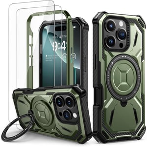 Lanhiem nárazuvzdorný kryt na iPhone 16 Pro Max s 360° krúžkovým stojanom, 2 ks ochranných fólií – zelenýOchranná fólia nie je súčasťou balenia