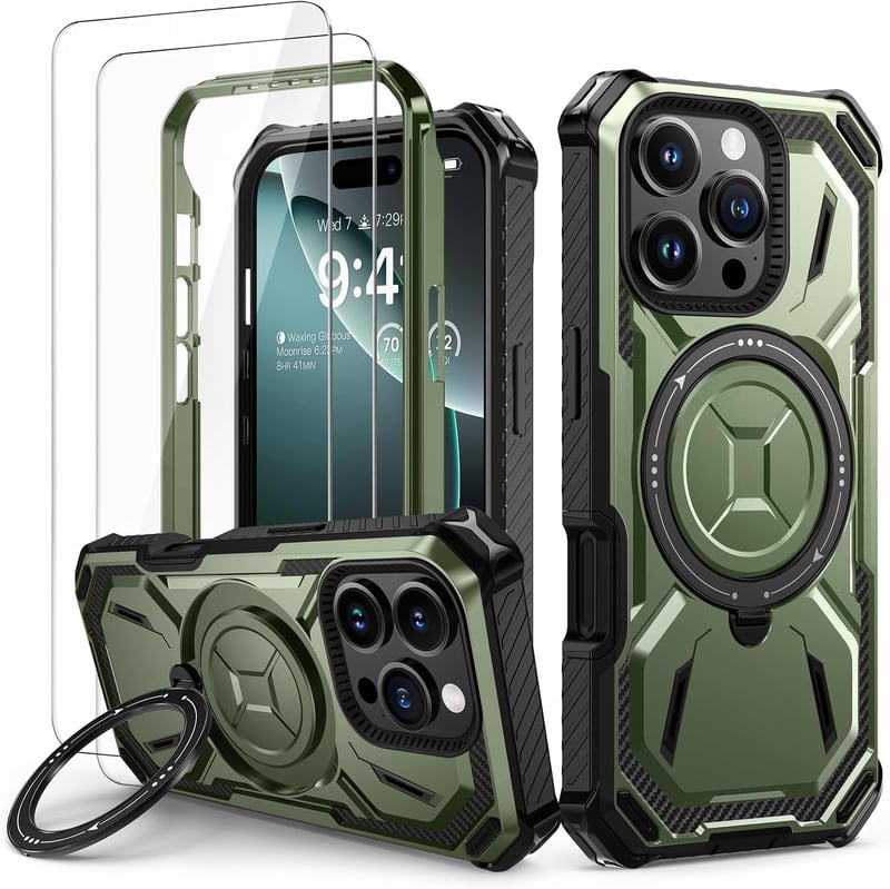 Lanhiem iPhone 16 Pro Max ütésálló tok 360° gyűrűs állvánnyal, 2 db fóliával - zöld