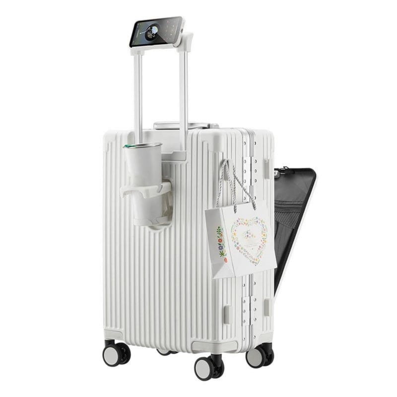 Valiză de cabină LANMOU cu cadru din aluminiu și carcasă rigidă, 20", cu port USB, suport de pahar, valiză de călătorie cu 4 roți și încuietoare TSA, 56 cm, Albă