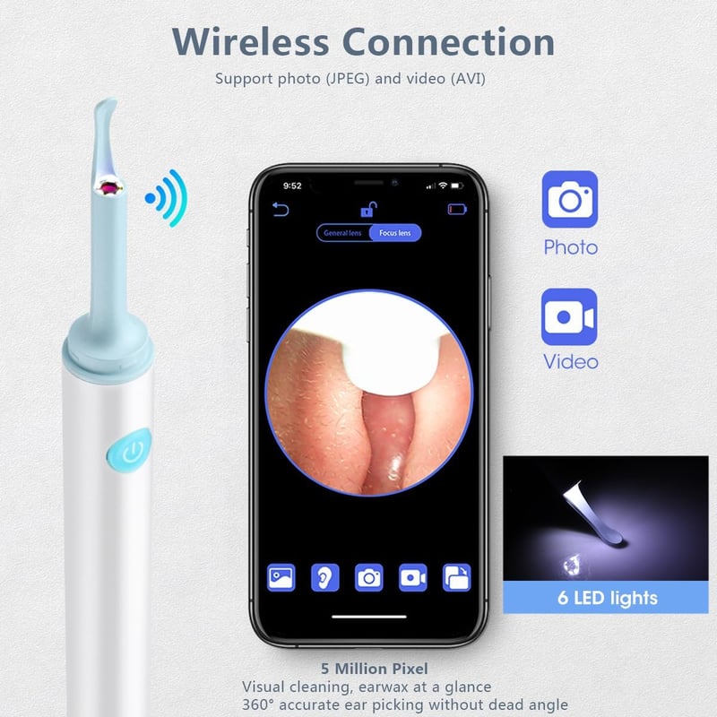 LANMOU Fülzsír Eltávolító Otoszkóp Kamerával, 1080P HD Fültisztító 6 LED Világítással, 4 Szilikon Kanállal, IP67 Vízálló iPhone Android iPad