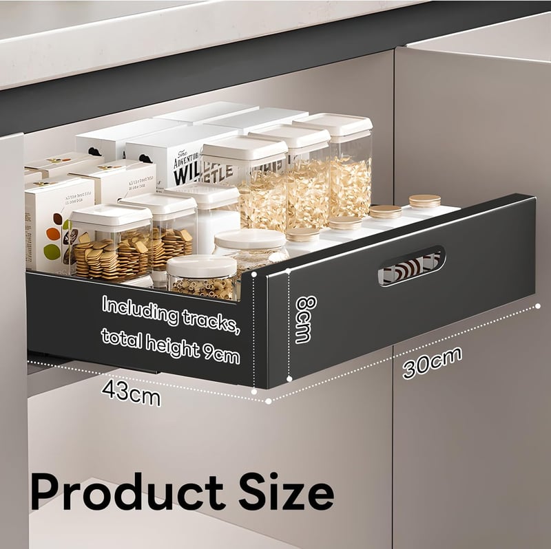 LANMOU kihúzható teleszkópos fiók konyhaszekrényhez ragasztásos fúrás nélkül csillapítós fekete inox extendálható 43 x 30 x 8 cm