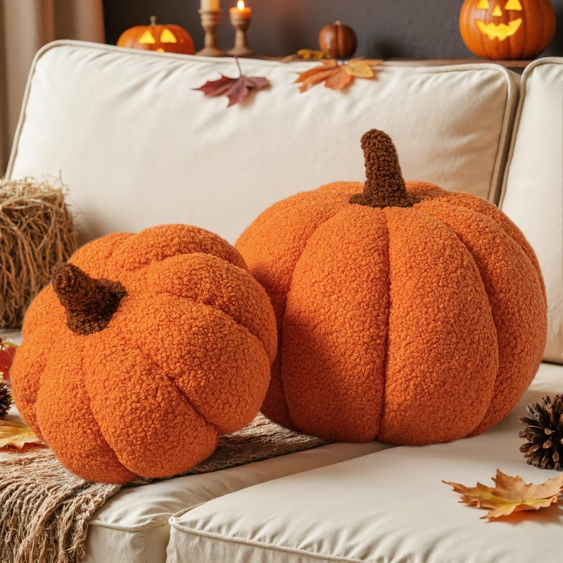 Lanpn Set 2 Perne Decorative Dovleac de Toamnă, Decor Halloween, Formă 3D, pentru Canapea sau Dormitor, Portocaliu, 32x22 cm și 23x18 cm