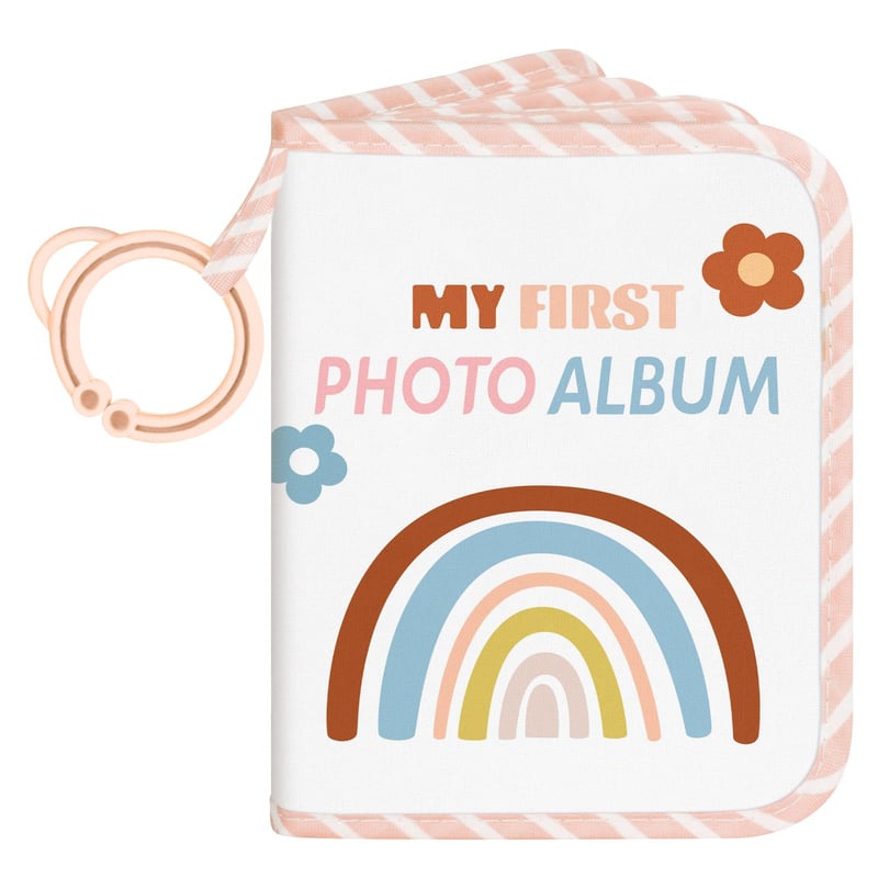 Album foto pentru bebeluși Lanpn, pentru 17 fotografii de 10x15 cm, cu jucărie pentru dentiție și pandantiv, pentru notarea numelor și a chipurilor, album de amintiri curcubeu pentru copii